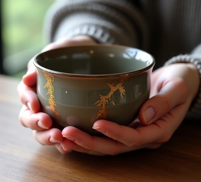 金継ぎで修復された茶器を持つ手